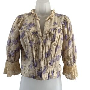 Love Sam Blouse Womens XS Cream Purple Floral Ruffle Top Lace‎ Boho Cottagecore